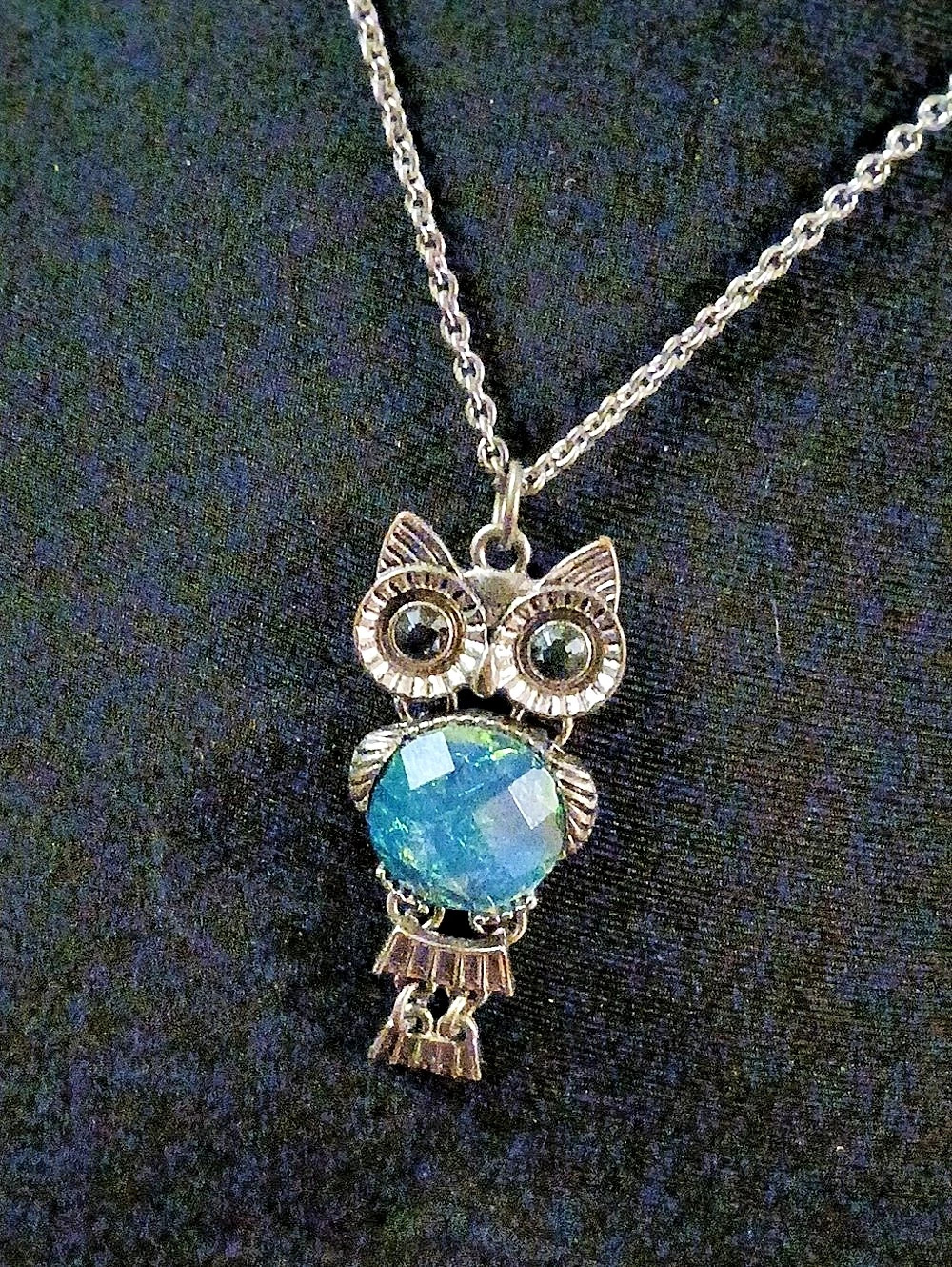 Owl Pendant Necklace in Blue Rhinestone & Silver-tone Chain 18"